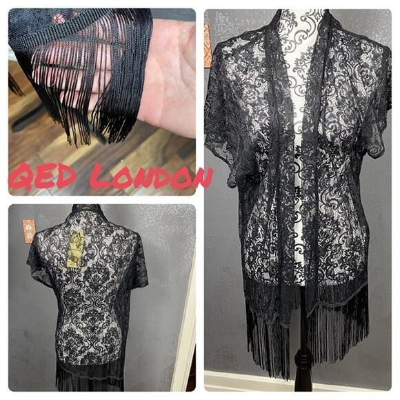 QED London ASOS Black Sheer Lace Kimono Fringe Coverup Size Small NWT - Picture 2 of 10